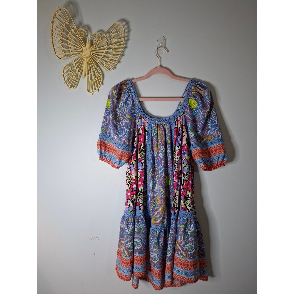 Umgee USA Boho Mixed Paisley Floral Crochet Lace Babydoll Mini Dress Blue S